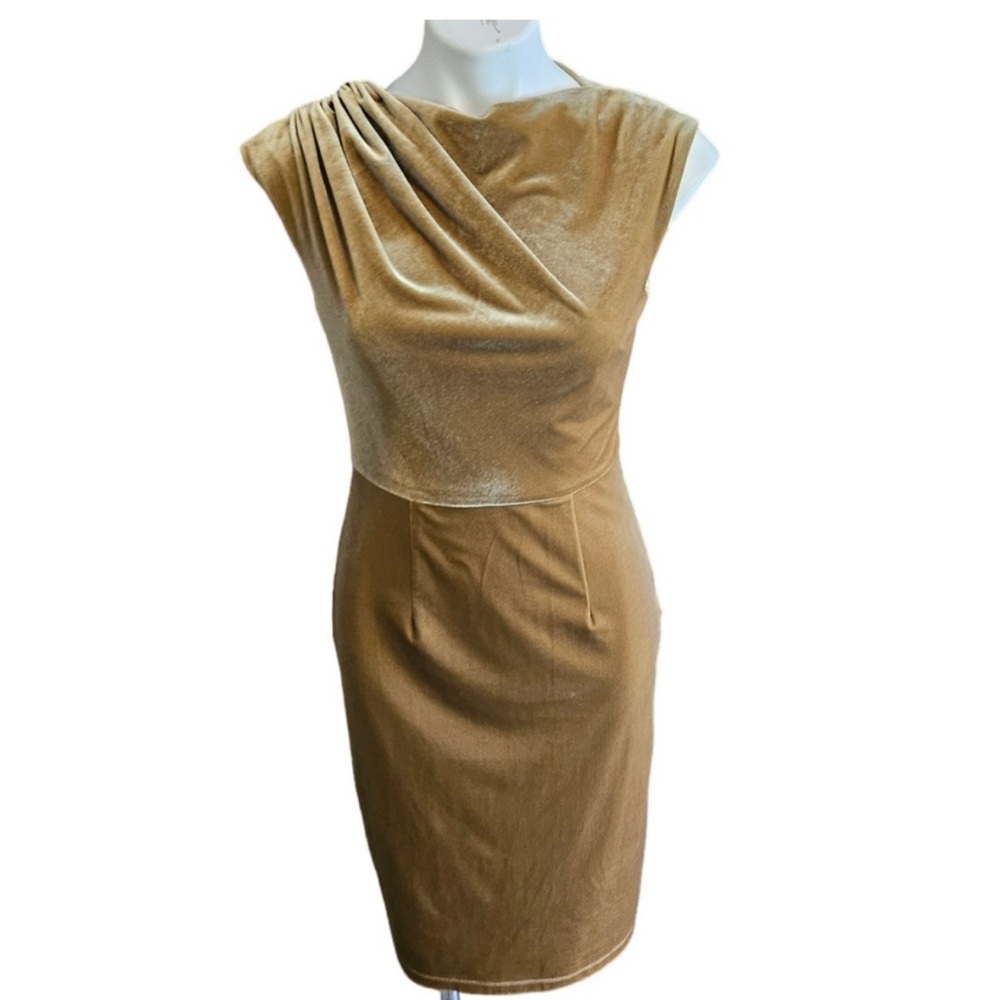 THML Velvet Ruched Shoulder Gold Shift Dress - small
